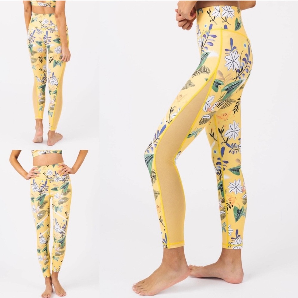 Zyia Active Yellow Floral Reflective Light Tight Hi-Rise Leggings Yoga Pilates